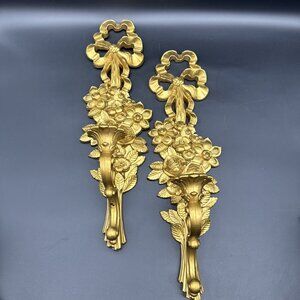 Vintage Gold Ornate Syroco Floral Bow Candleholder Wall Sconces 4089 MCM